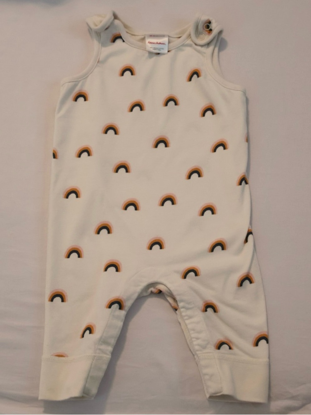 Hanna Andersson Cream Baby Romper with Pink & Orange Rainbows
